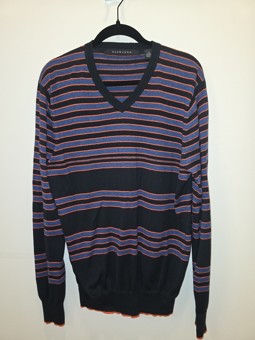 Sean John Navy, Royal Blue & Orange Striped V-Neck Sweater
